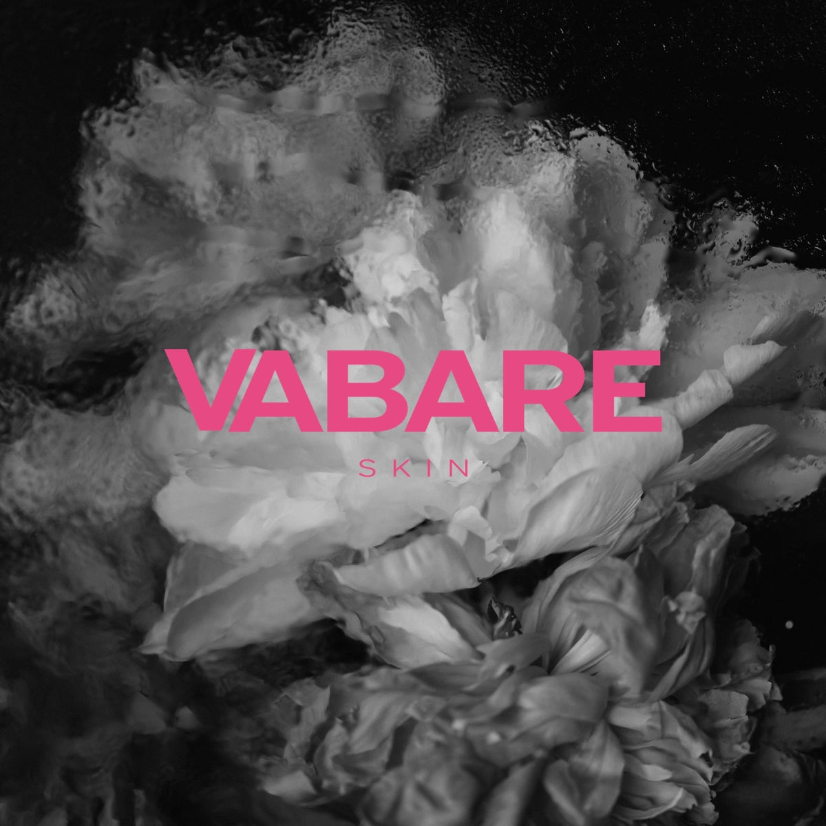 pink VABARE Skin logo on a background of wet peonies